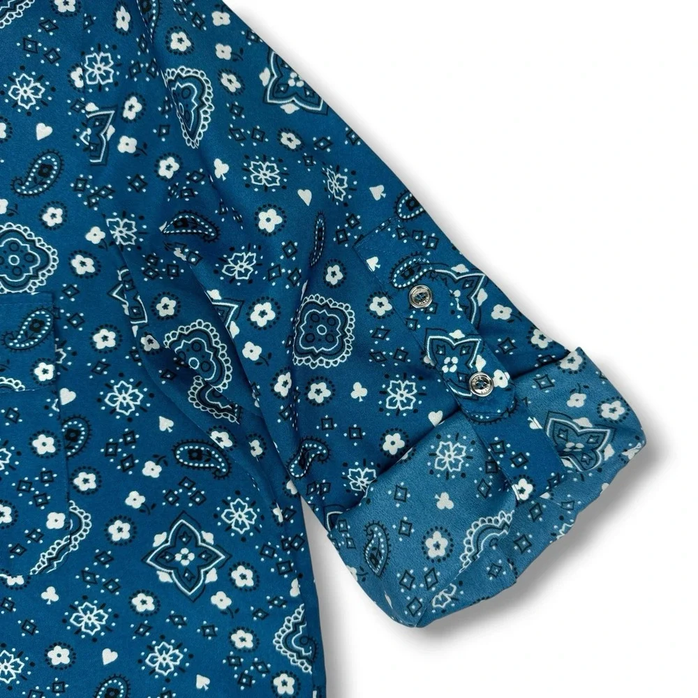 Anne Klein Bandana Paisley Floral Blouse Button Up Top Sz 10 Fiji Blue Roll Tab